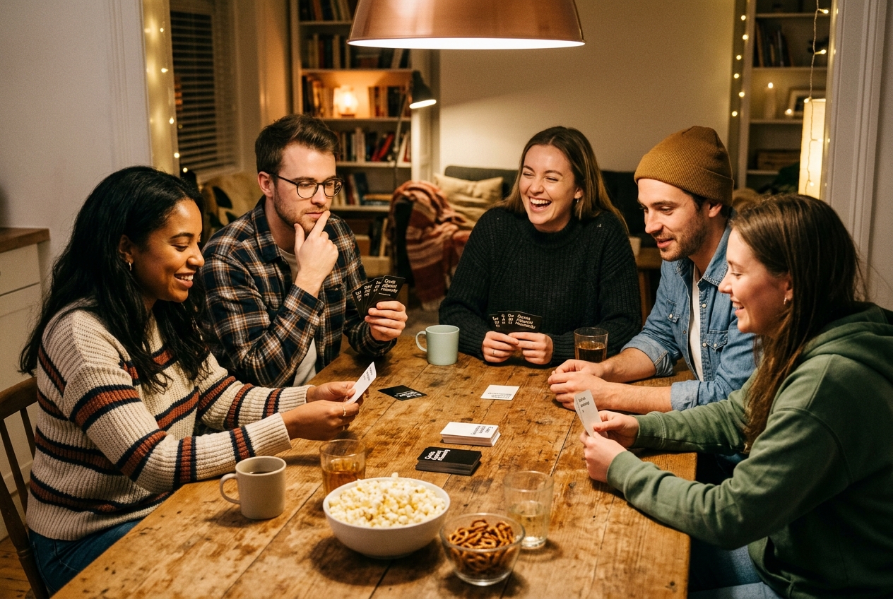 Friends laughing and playing board games around a cozy kitchen table